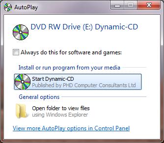 A CD AutoPlay dialog window that gives the user the option of running Dynamic-CD.Net