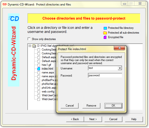 Setting up file password protection in Dynamic-CD-Wizard